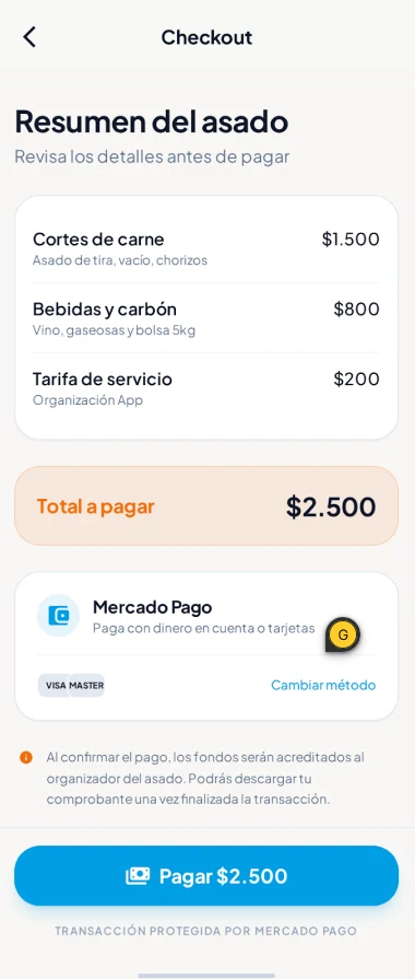 Pantalla de checkout con el resumen del asado y pago con Mercado Pago