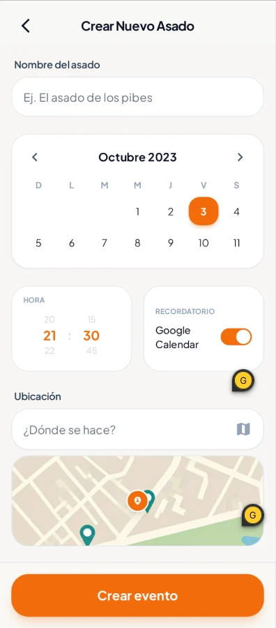 Pantalla Crear Nuevo Asado con calendario, hora y ubicación