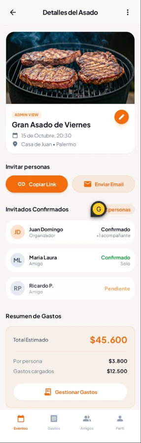 Pantalla de detalle de un asado con invitados confirmados y resumen de gastos