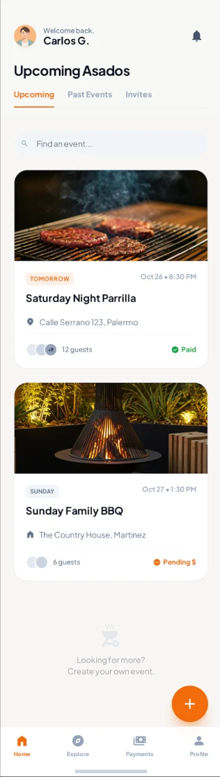 Pantalla de inicio de BrasApp con los próximos asados