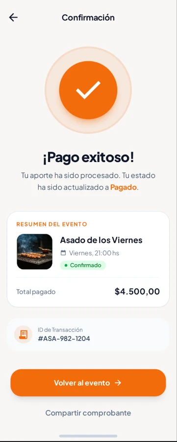 Pantalla de pago exitoso con el ID de transacción